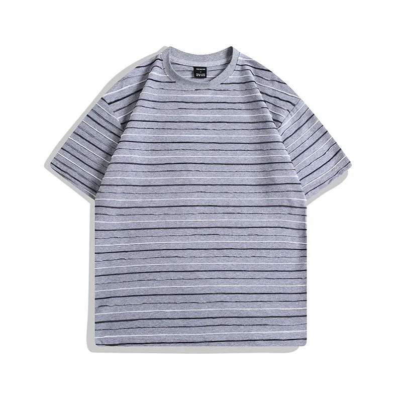 Loose fit striped couple t-shirt in apricot, black, yellow, grey and pink colours with Asian sizing