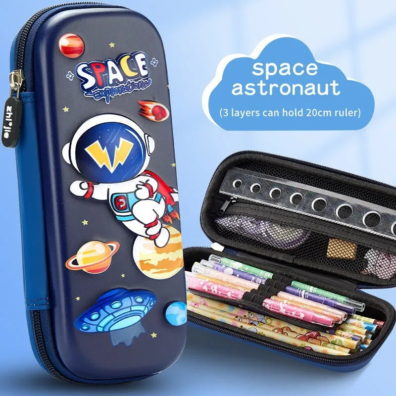 3D leather pencil case with zipper closure showing character design options including astronauts, unicorns, and mermaids