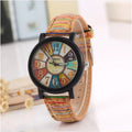 Women's vintage leather strap watch with 37mm round dial and tempered glass