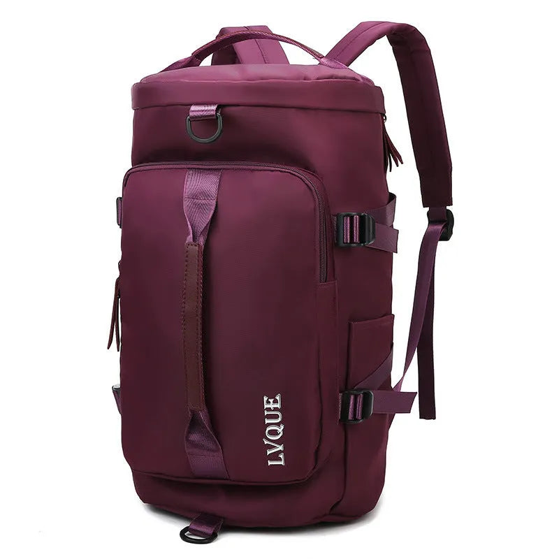Waterproof convertible gym backpack shown in multiple carrying modes with separate shoe compartment and security lock