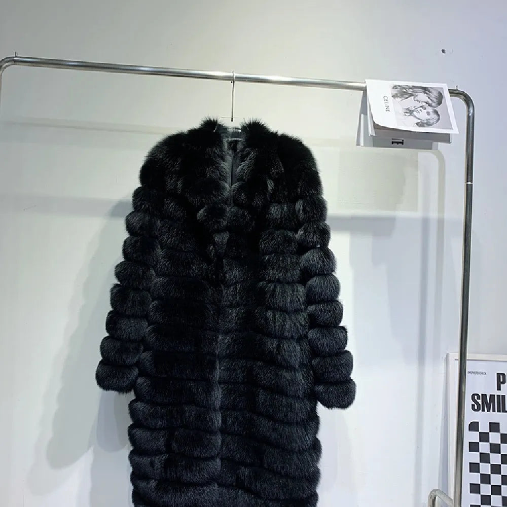Men's real fur long fur coat in dark black with regular sleeves and pockets, winter commuting style, sizes M to 3XL