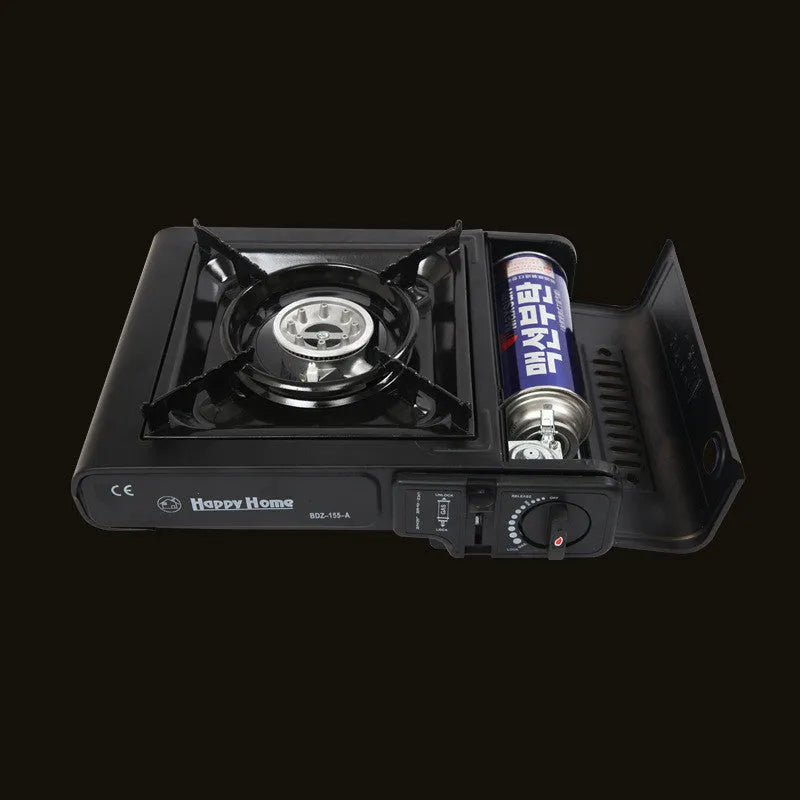 Outdoor windproof portable cassette stove in black plastic case with piezoelectric ignition and safety device