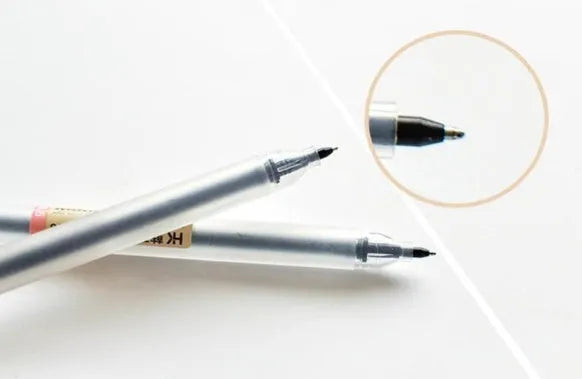Twelve Muji gel pens with 0.5mm fine tips in a set showing leak prevention mechanism