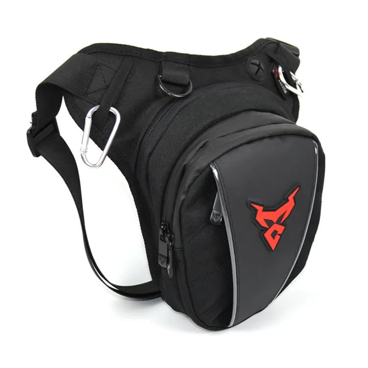 0105MC motorcycle leg bag in 1200D Oxford cloth, shown in red, blue, green, and grey colour options.