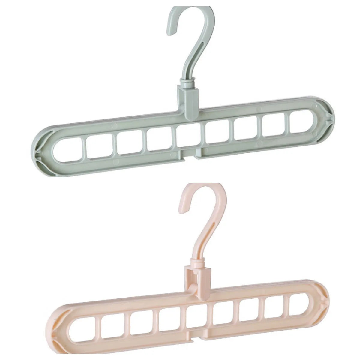Plastic coat hanger with rotating hook in pink colour, showing length and height dimensions