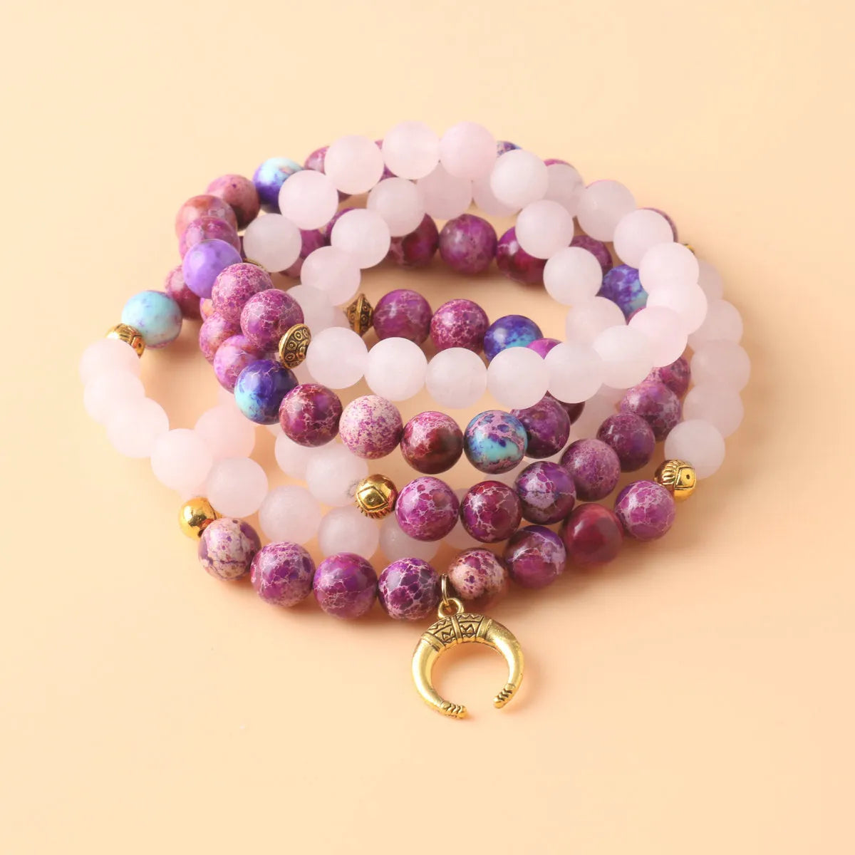 Women's personalised pink crystal emperor stone bead necklace with round pendant for casual wear
