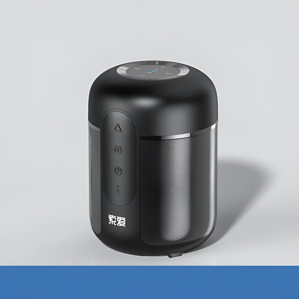 Black portable Bluetooth speaker with compact 72mm x 99mm plastic cabinet design showing connectivity ports.