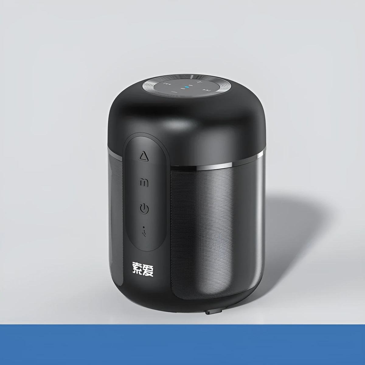 Black portable Bluetooth speaker with compact 72mm x 99mm plastic cabinet design showing connectivity ports.