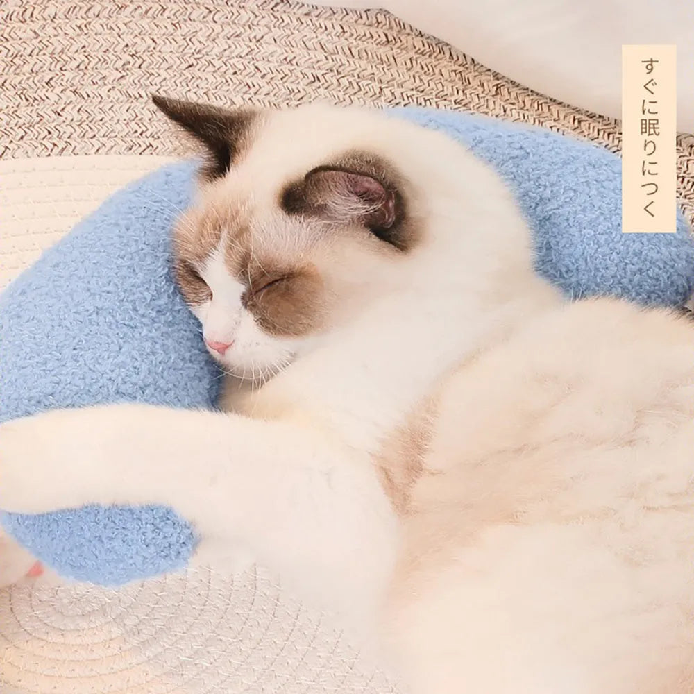 Blue U-shaped cat pillow with adjustable neck collar for ergonomic support