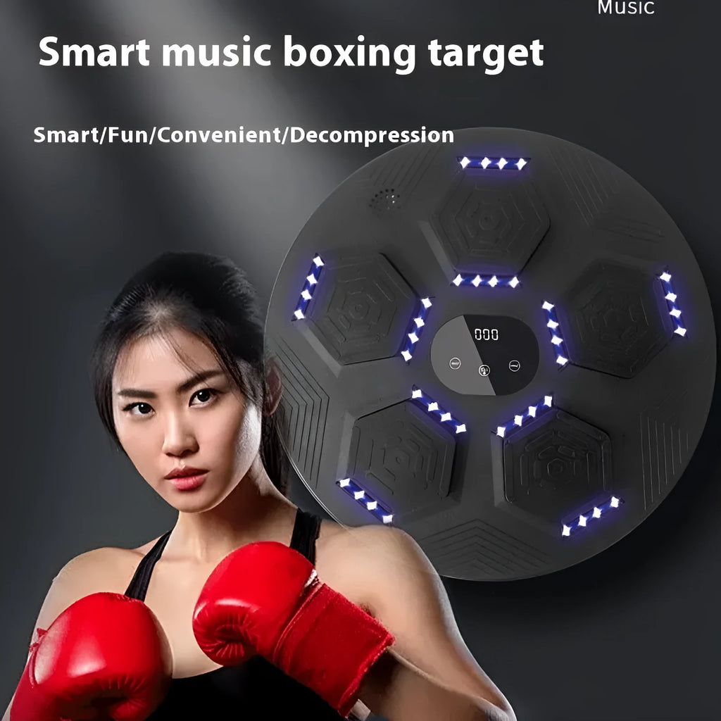 Smart music boxing machine reaction target hanging on wall with matching training gloves