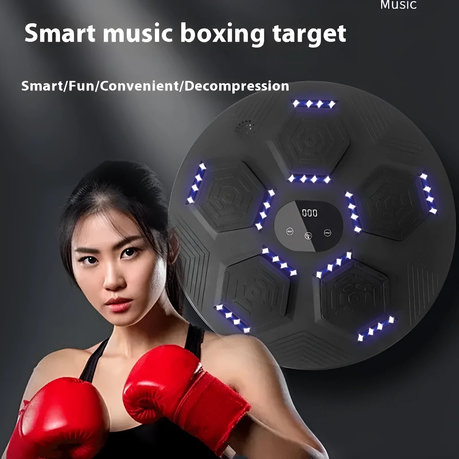 Smart music boxing machine reaction target hanging on wall with matching training gloves