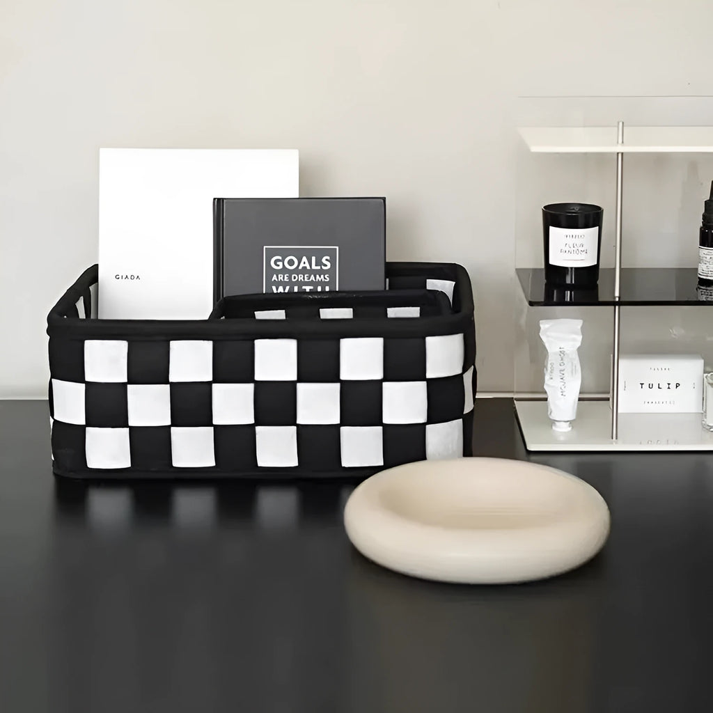 Checkerboard pattern woven felt folding storage basket shown with dimensions 37cm by 29cm by 19.5cm