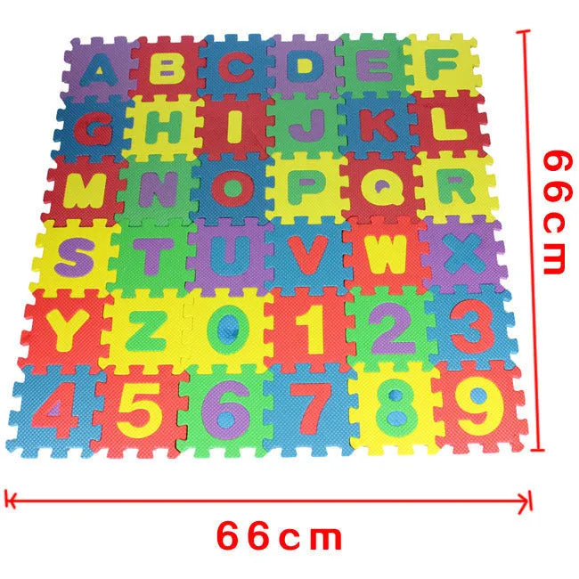 36-piece colourful foam puzzle mat set with removable alphabet and numbers, each tile 12cm x 12cm