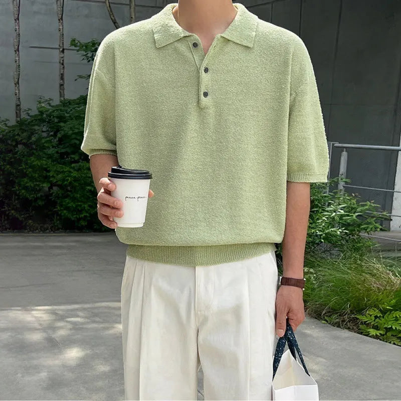 Retro knitted polo shirt for men in caramel colour with asymmetric design detail and short sleeves