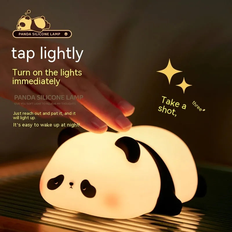 Cartoon panda-shaped night light with warm white glow, measuring 150x130x80mm