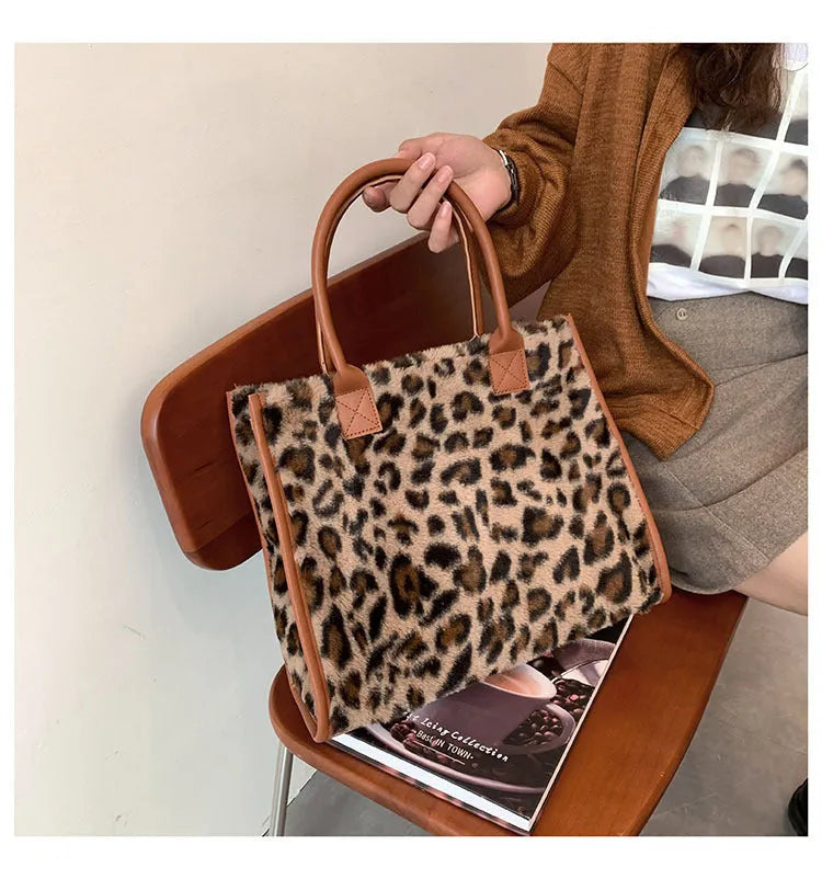 Large plush handbag with leopard print, car stitching, and magnetic buckle in Leopard Brown
