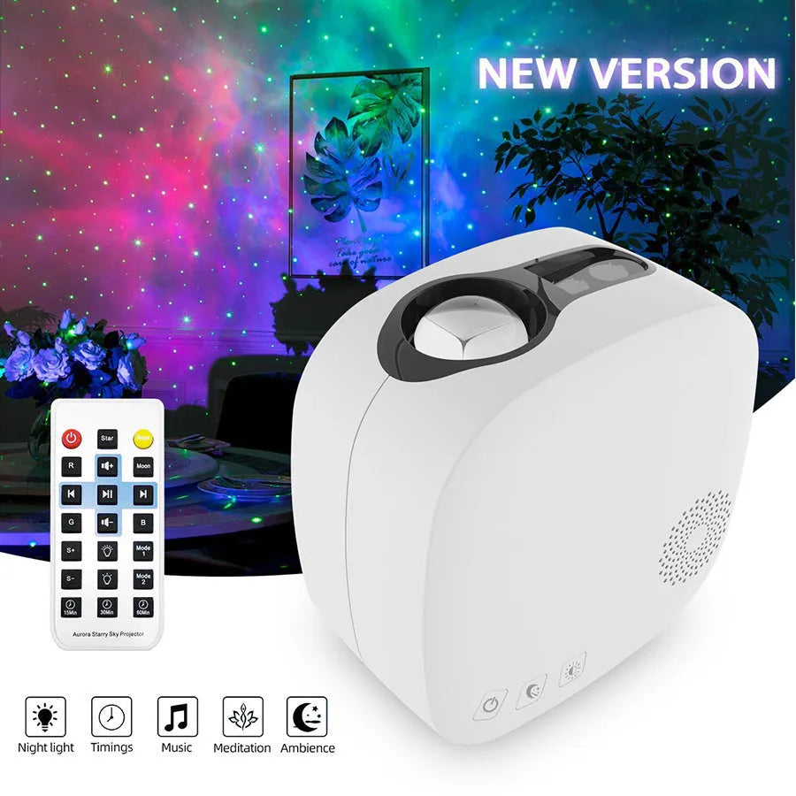 White laser star projector showing colourful nebula projection with Bluetooth music playing functionality