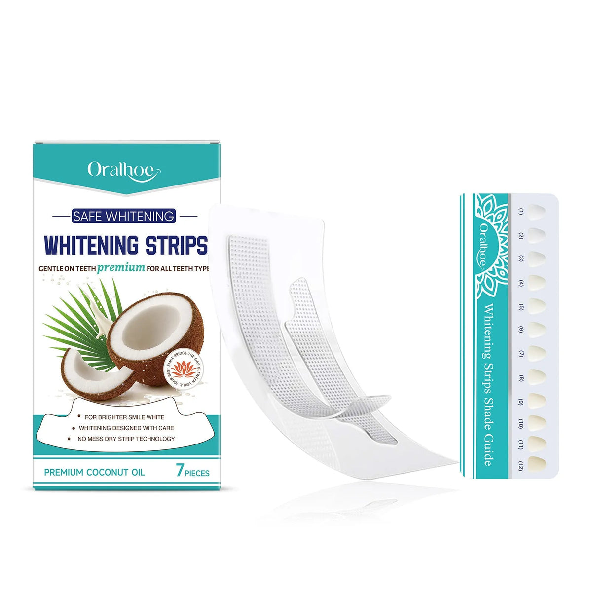 Gear rack teeth whitening strips set with 7-tooth colourimetric card and mild ingredients