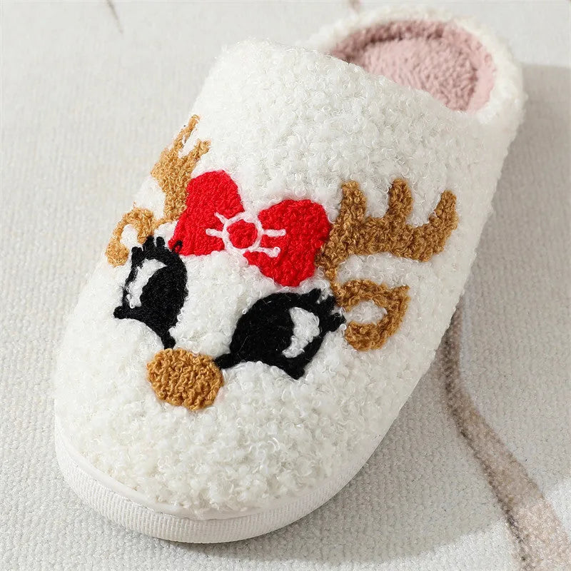 Christmas deer slippers women's indoor non-slip TPR sole plush upper fox colour round toe