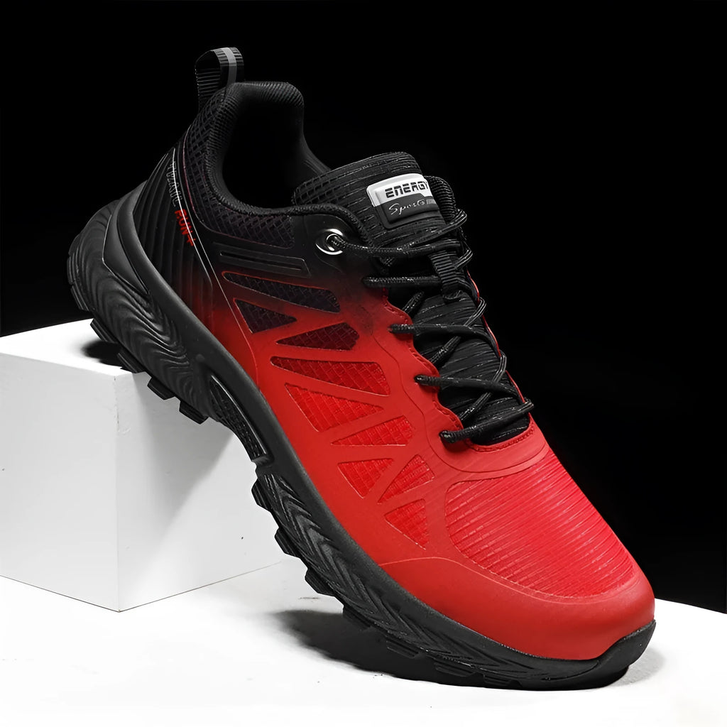 Men's black breathable mesh outdoor running shoe with lace-up front and rubber sole