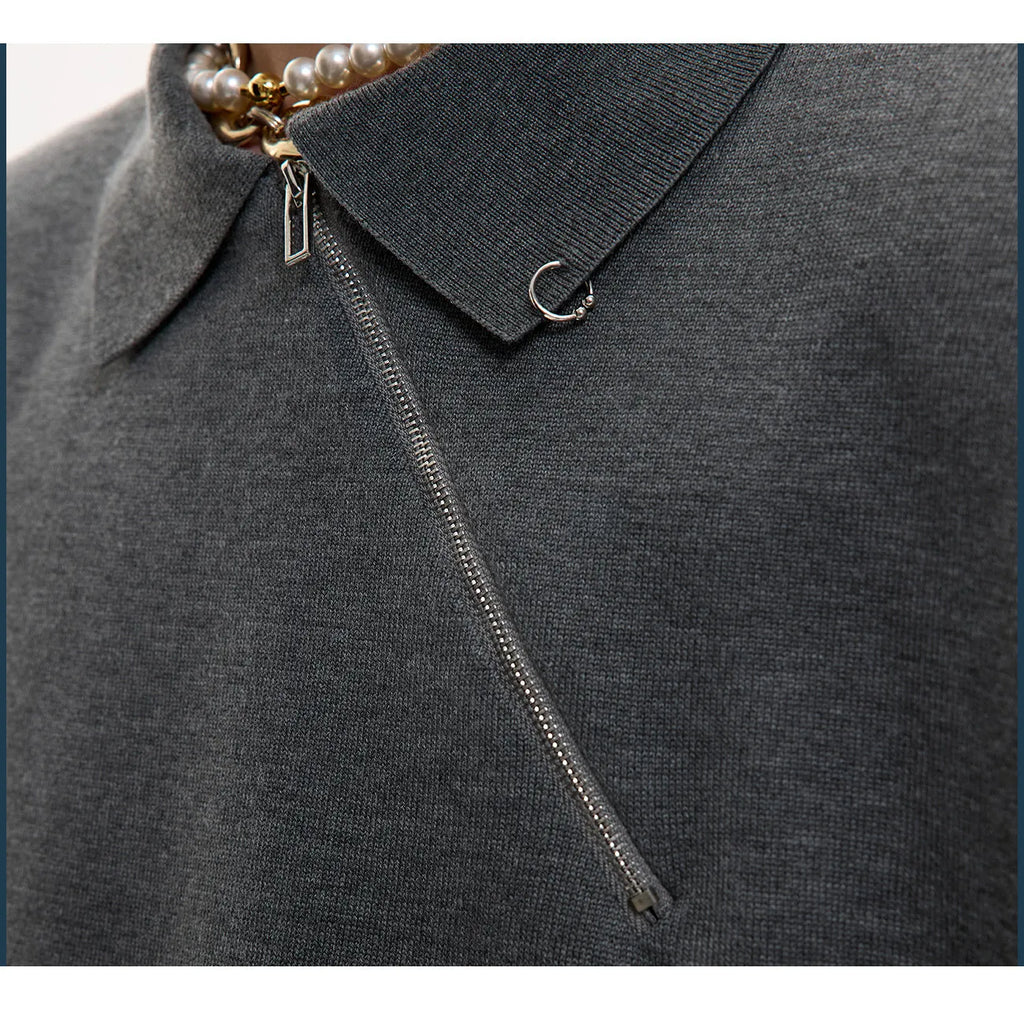 Ice-feeling slim-fit knitted polo shirt for men with an oblique zipper, short sleeves, and a lapel collar in solid colour.