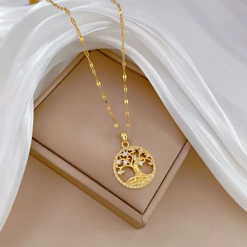 Gold-plated necklace with mother-of-pearl lucky tree pendant and adjustable stainless steel chain