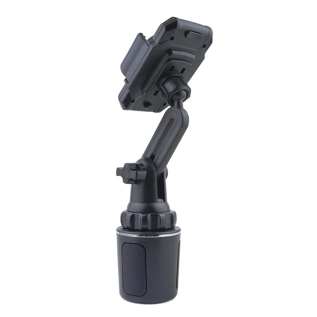 Black ABS car cup holder phone mount with 360° rotation, adjustable height and foam contact pad
