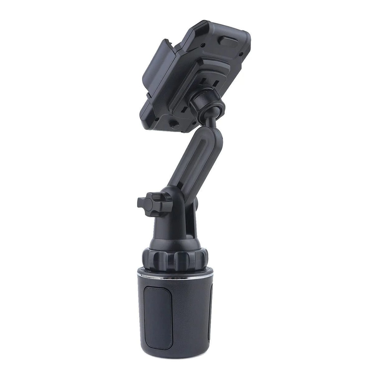 Black ABS car cup holder phone mount with 360° rotation, adjustable height and foam contact pad