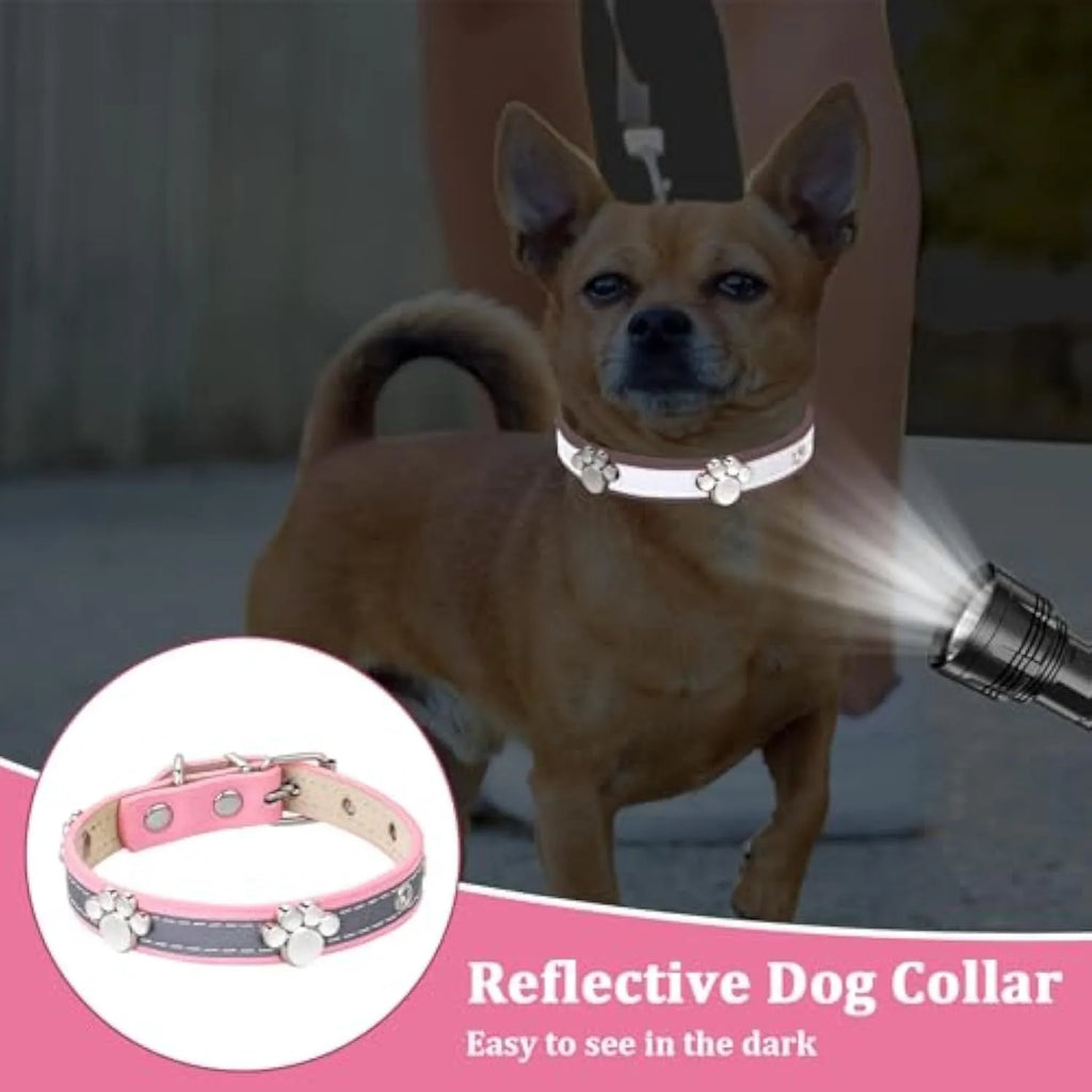 Reflective brown leather dog collar with metal paw print rivets and an adjustable buckle.