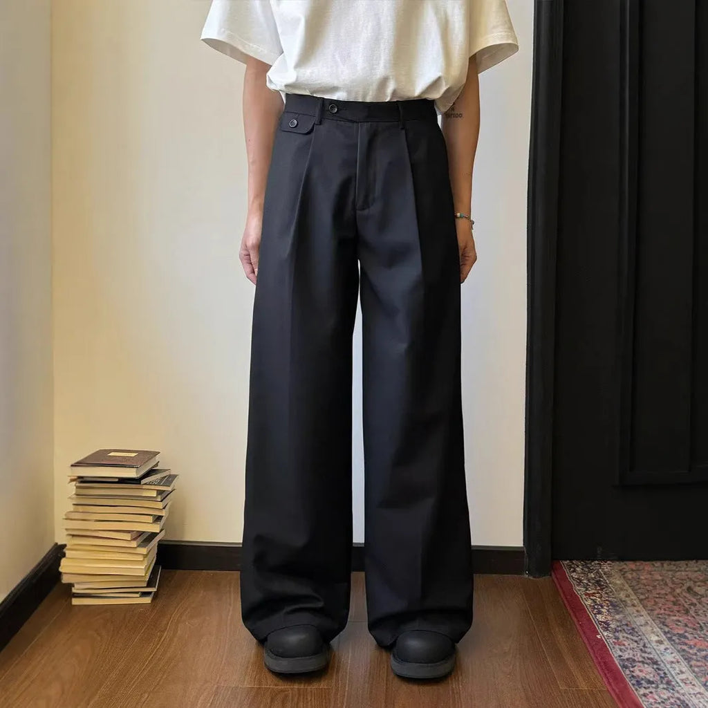 Men's straight-leg loose wide-leg casual suit trousers in black or brown colour.
