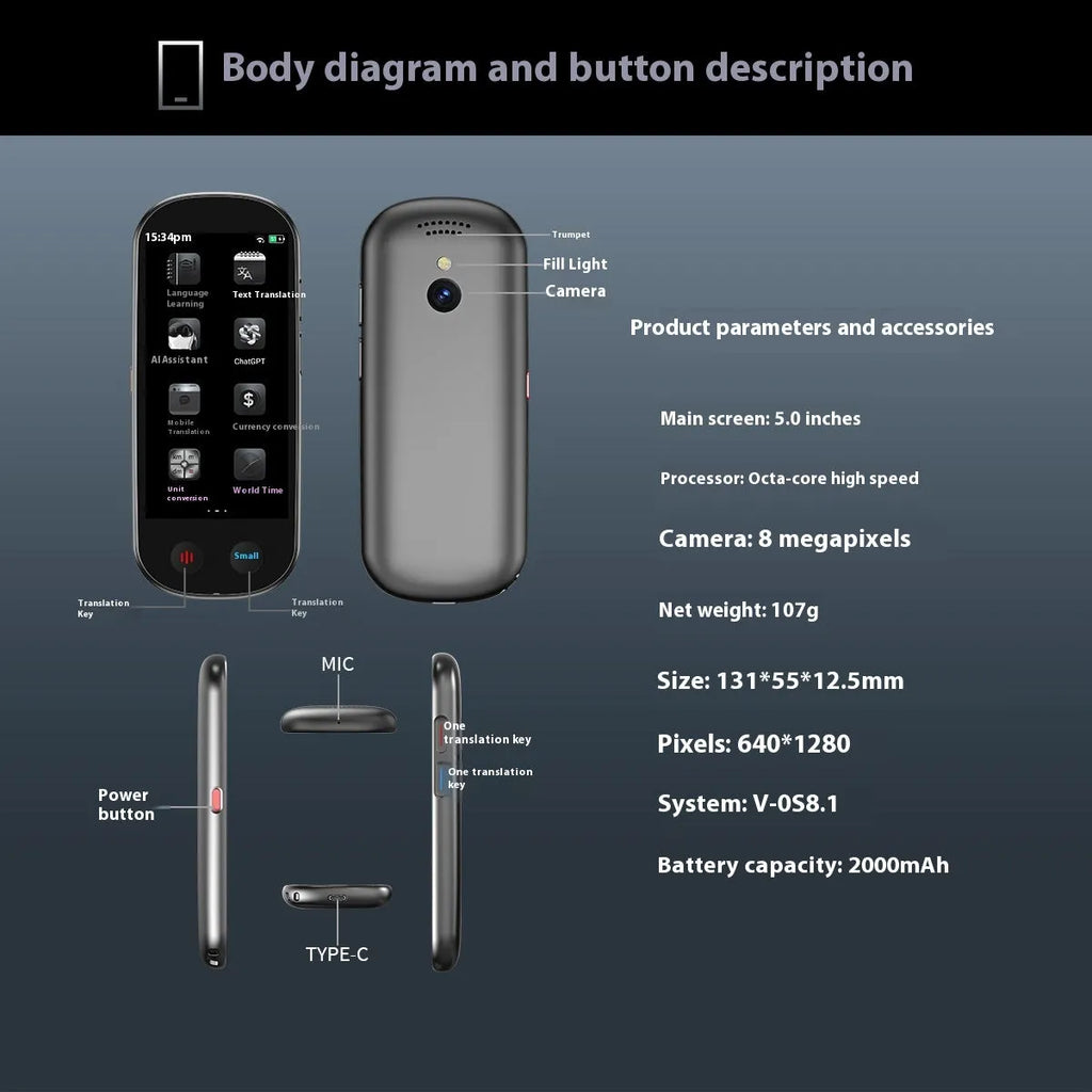 Black simultaneous interpretation translator device with neck lanyard and USB charging cable