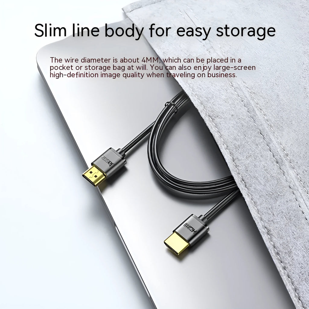 HDMI video cable with gold-plated connectors and thin black cable, available in multiple lengths