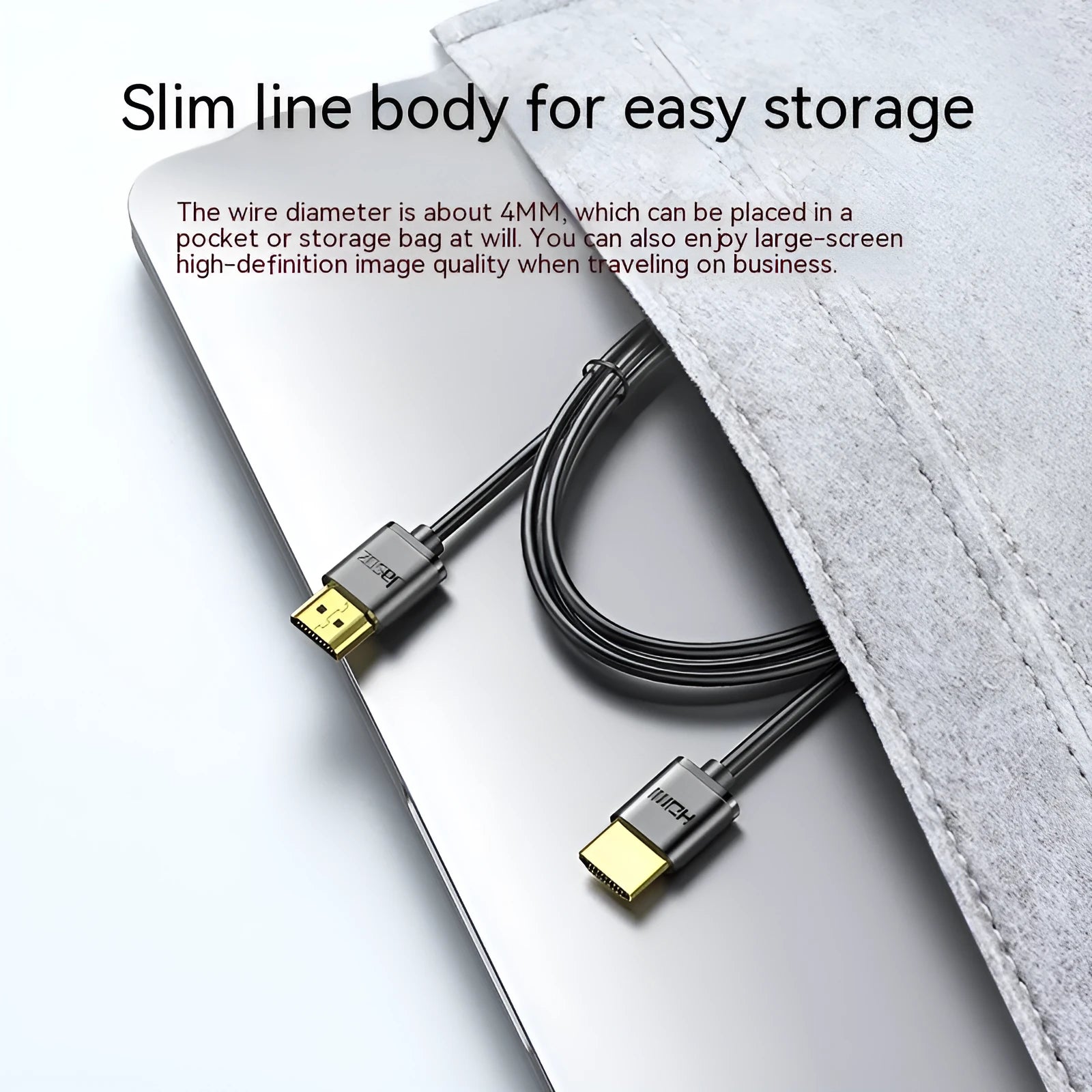 HDMI video cable with gold-plated connectors and thin black cable, available in multiple lengths