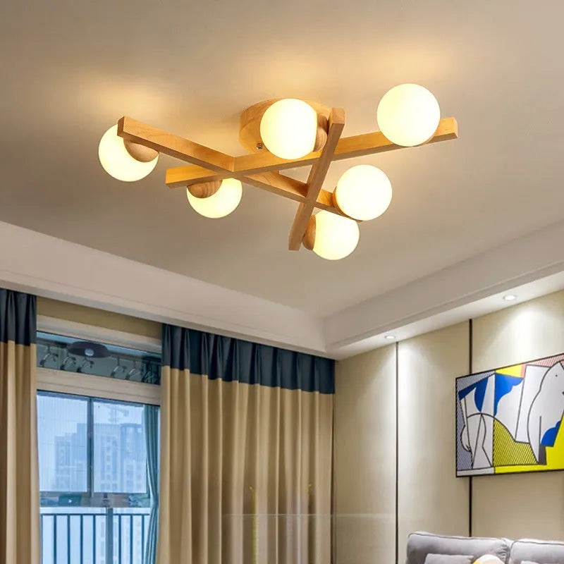 Modern wooden style ceiling lamp with three adjustable light heads emitting neutral white illumination
