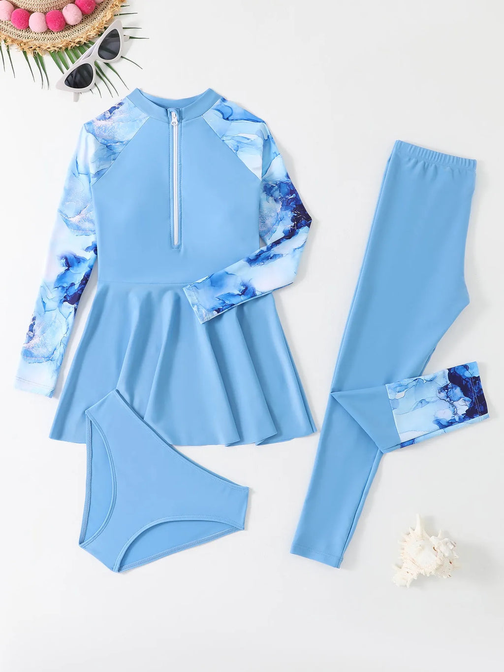 Children's blue split long-sleeve long-trouser three-piece swimsuit on a white background, sizes 120-160
