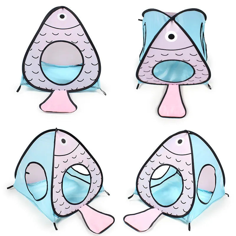 Foldable cat tent and tunnel three-piece set in cat and fish design on a white background.