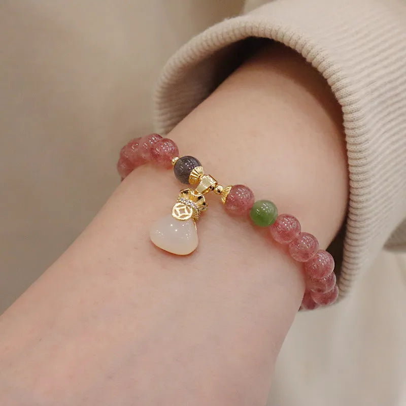Pink strawberry quartz purse bracelet with geometric stones and safety buckle clasp