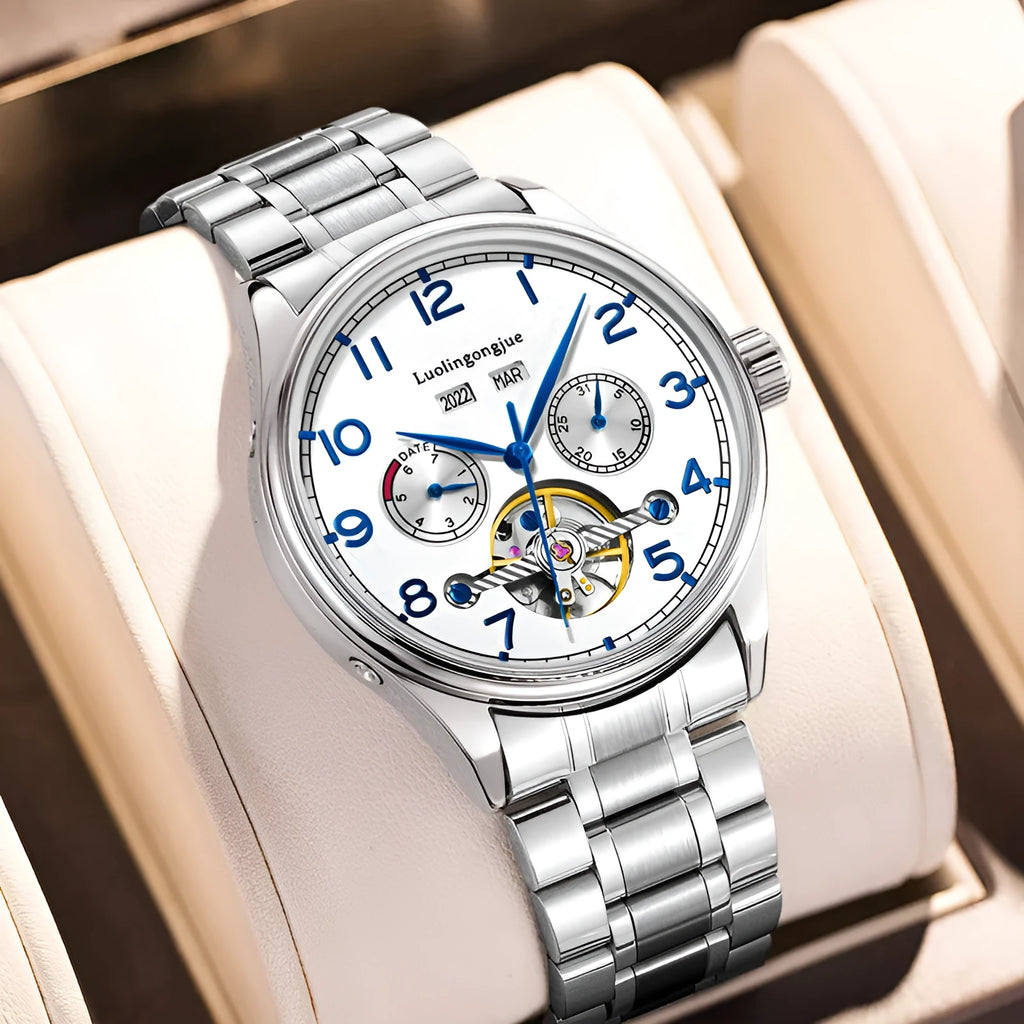 Men's stainless steel business mechanical watch with sapphire glass and leather strap