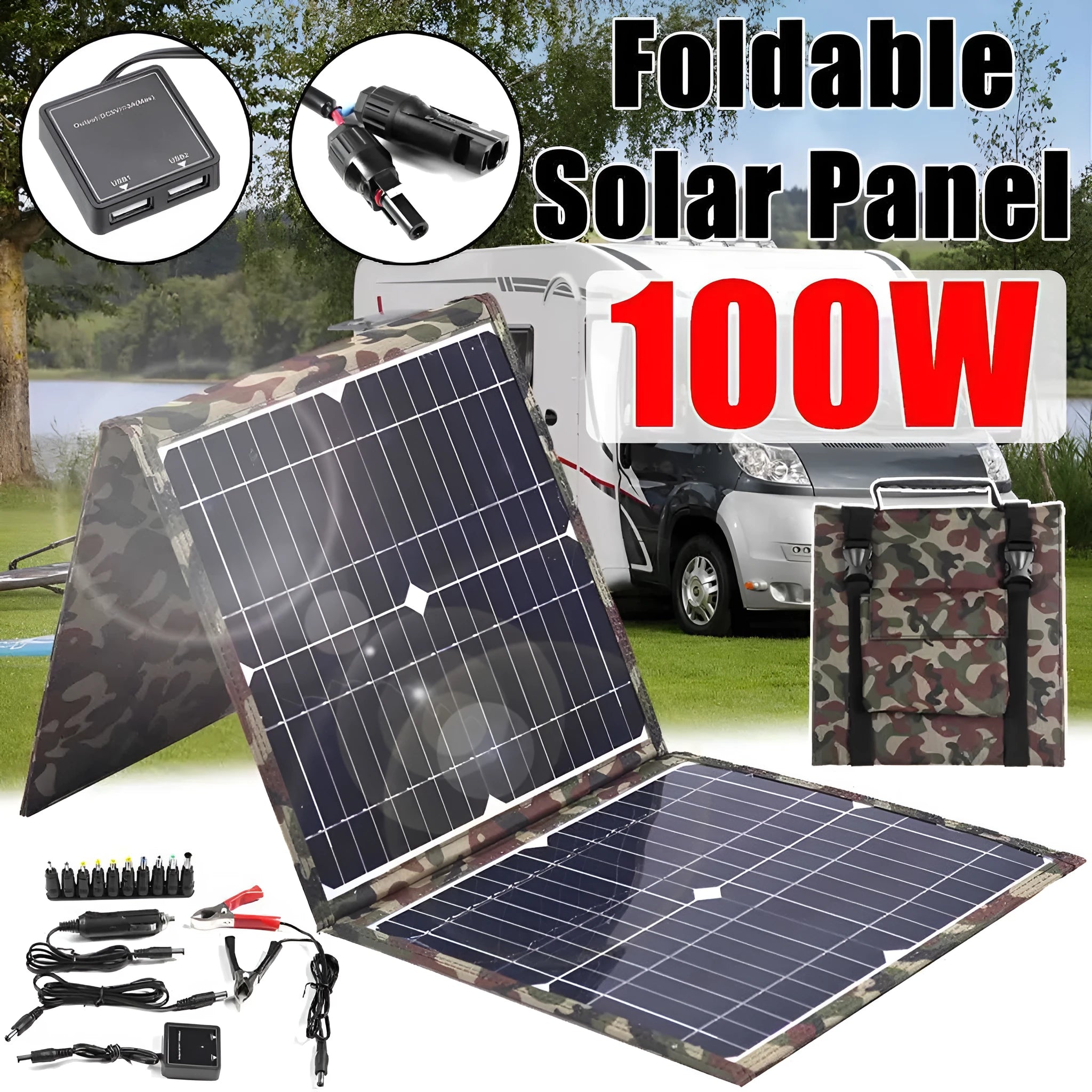 Black foldable 36W solar panel with car charger and accessories for outdoor power