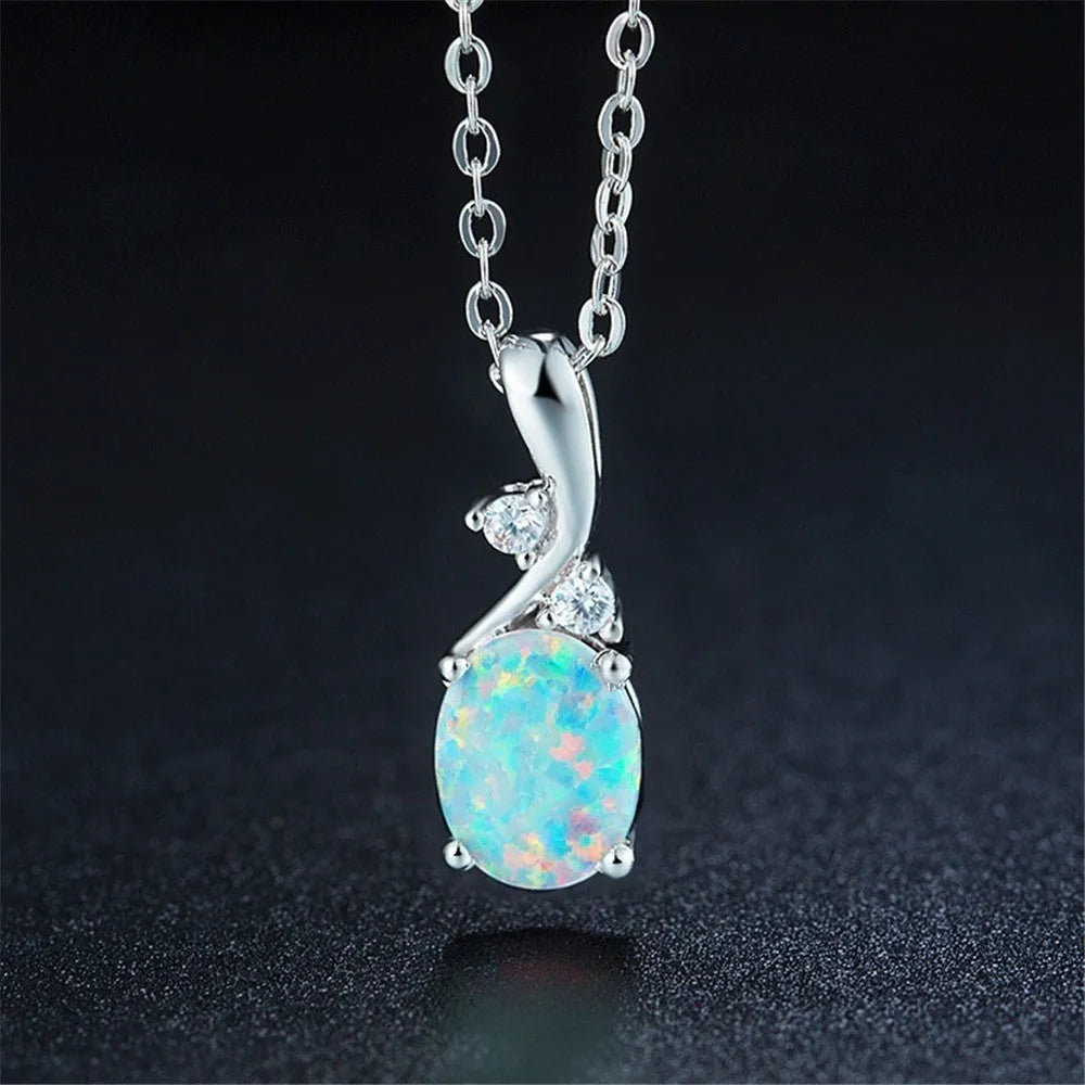 Water drop shaped opal pendant necklace with adjustable O-shaped chain in rose gold or white electroplated finish