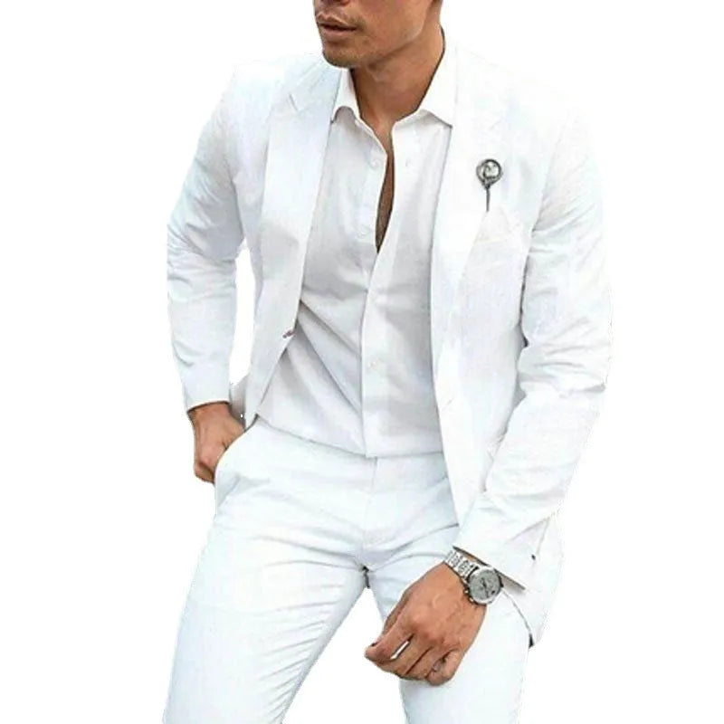 White slim fit two-piece men's suit jacket and trousers for weddings.