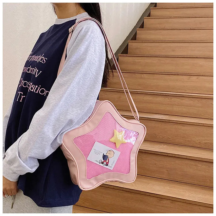 Large capacity nylon shoulder bag with transparent sandwich pocket and contrast colour detailing in fresh sweet style