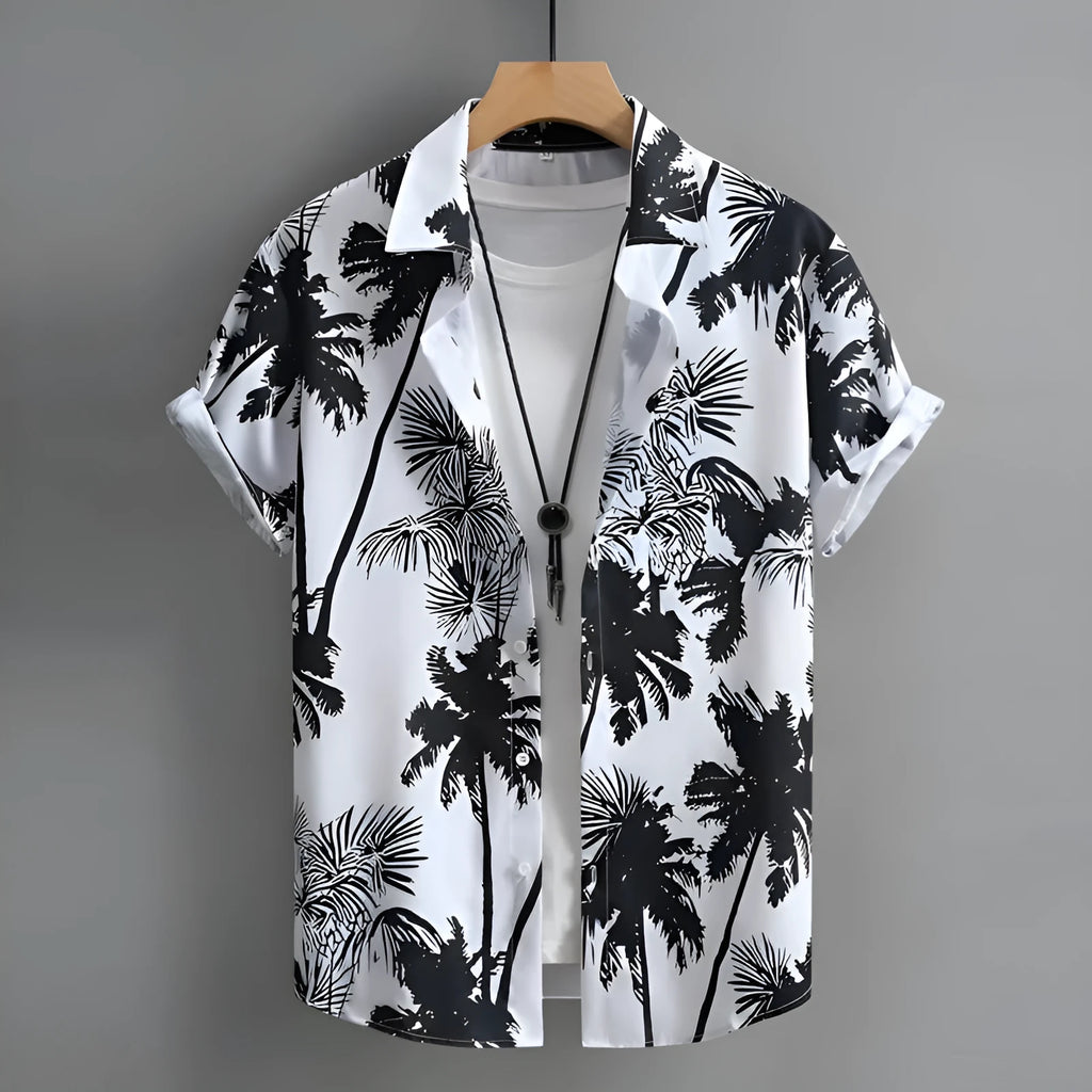 Men's short sleeve Hawaiian shirt with colourful 3D printed pattern, cardigan style.