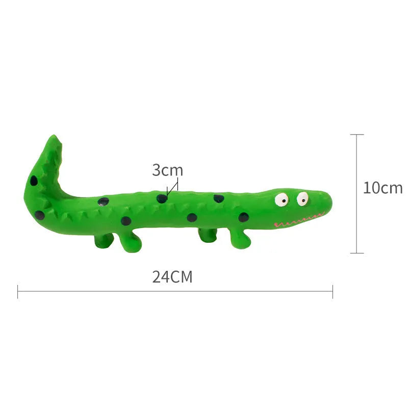 Green cartoon lizard shaped squeaky dog chew toy on a white background.