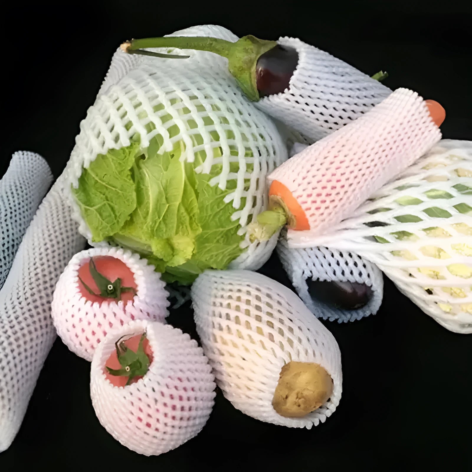 White foam net protective sleeve for apples and oranges, shown in various sizes.