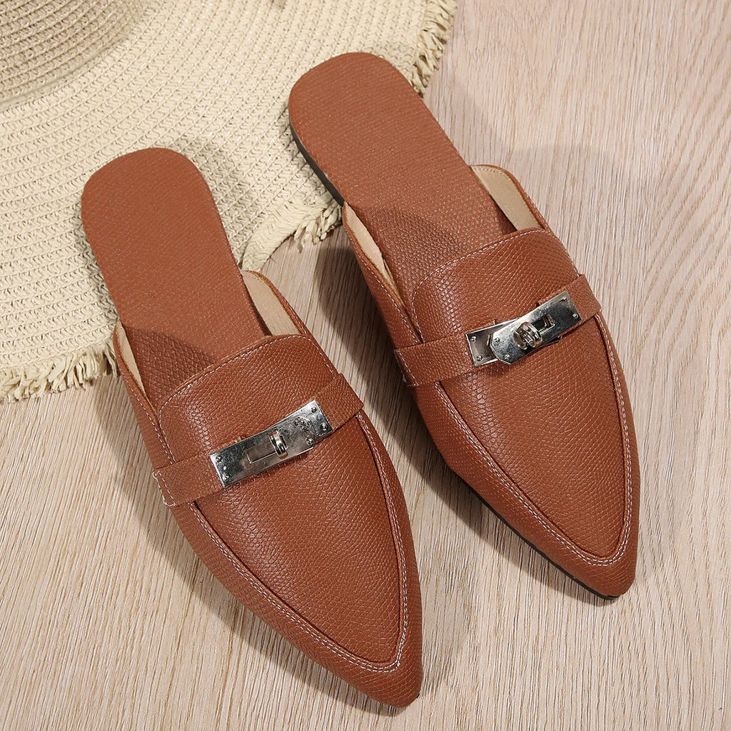 Light brown women's pointed-toe low heel semi-slippers with a rubber sole.