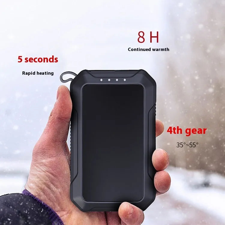 Waterproof rechargeable hand warmer power bank in black with 10000mAh capacity and compact dimensions