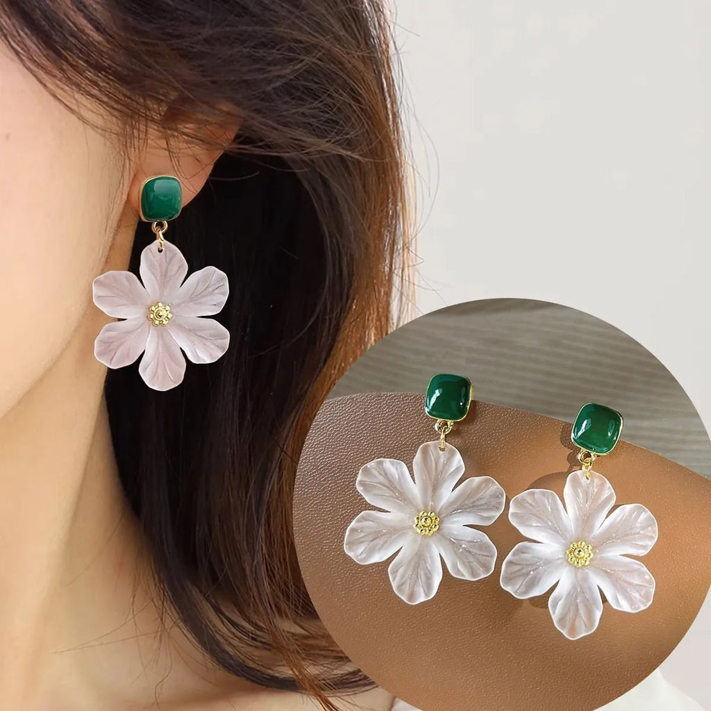 Dark green alloy earrings with sweet flowers needle design for female wearers