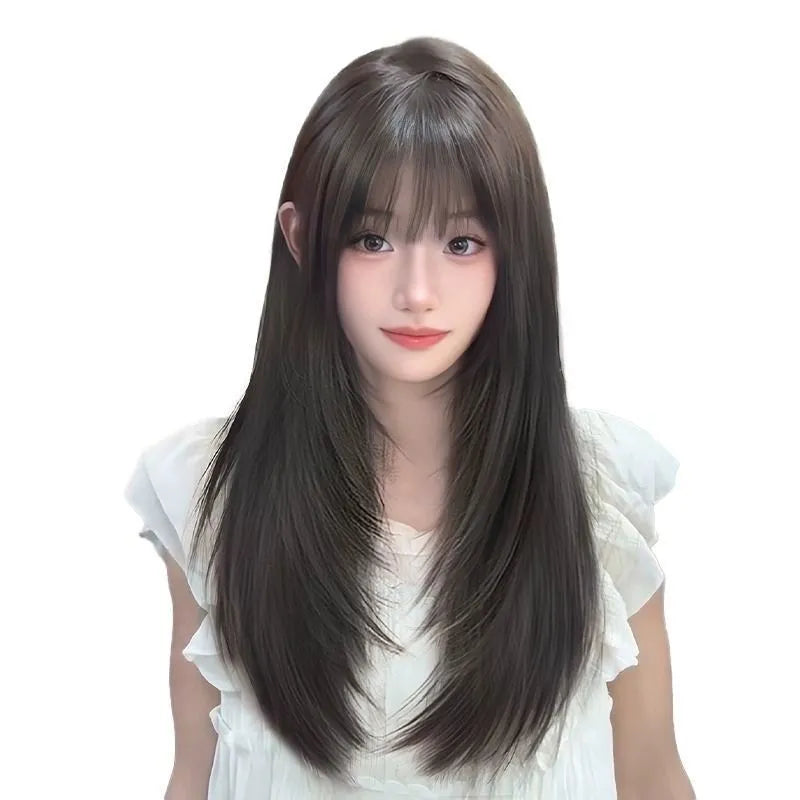 Black long straight full-head women's wig with high-layered cut and integrated hair net