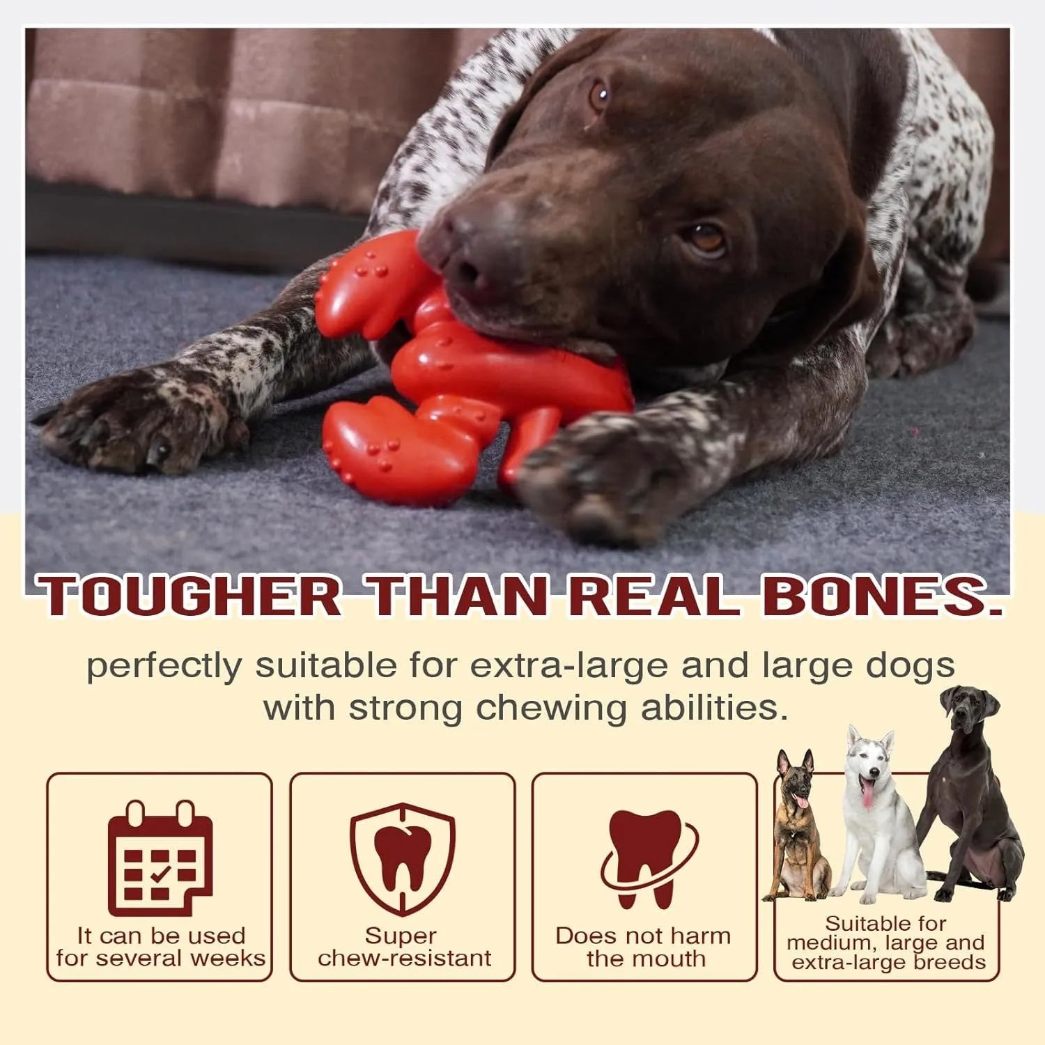 Red dog chew toy for aggressive chewers measuring 170mm long for large breed dogs
